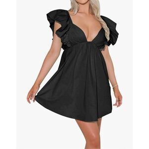 NEW Black Deep V Neck Ruffle Mini Lined Dress  S